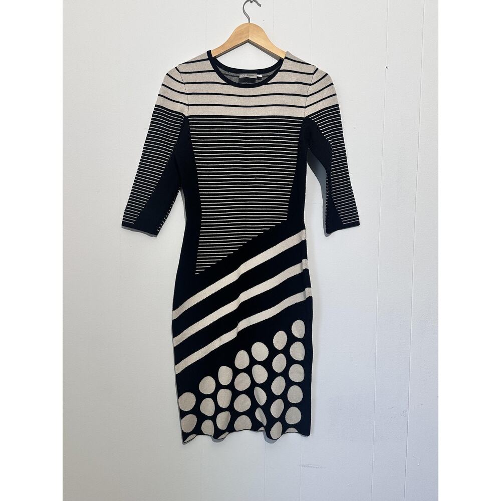J. Taylor Sweater Dress Womens Medium‎ Black Striped Polka Dot Knit 3/4 Sleeve